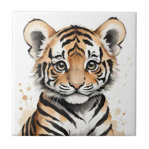 Azulejo Cara de tigre infantil minimalista en tinta y acua