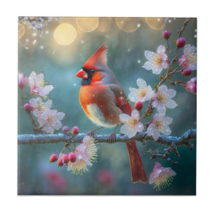 Azulejo Cardenal macho a la luz de la luna Flores de cerez