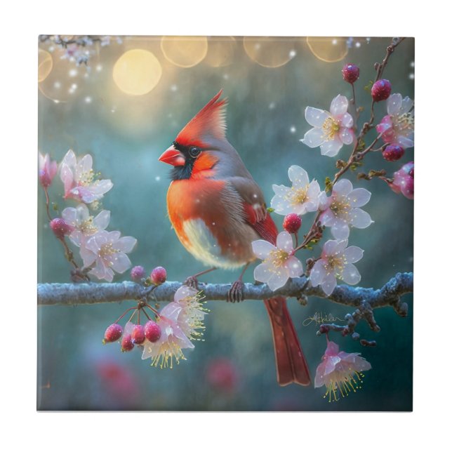 Azulejo Cardenal macho a la luz de la luna Flores de cerez (Frente)