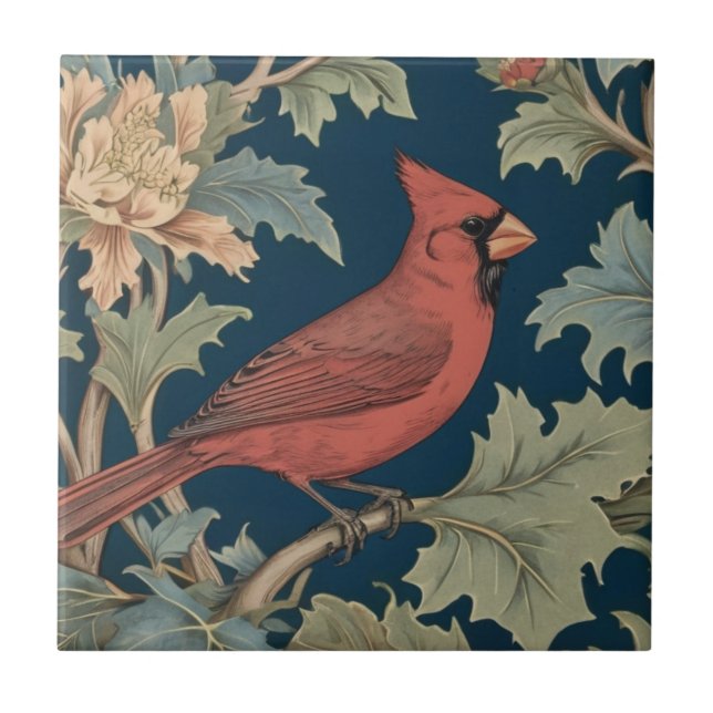 Azulejo Cardenal rojo Bird William Morris, pájaros rectos (Frente)