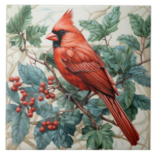 Azulejo Cardenal Rojo en Arbusto de Bayas