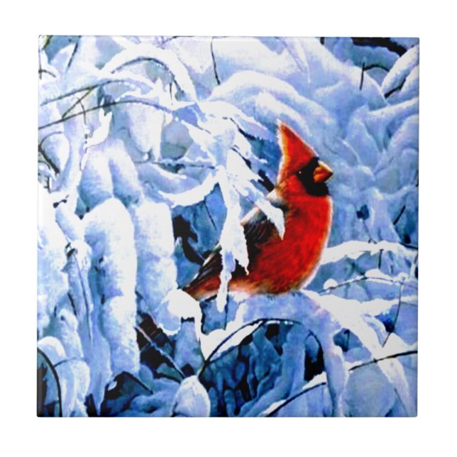 Azulejo Cardenal rojo en la nieve de invierno (Frente)