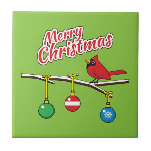 Azulejo Cardenal Rojo en Rama Desnuda de Navidad - Feliz N