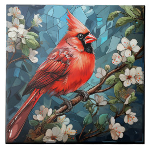 Azulejo Cardenal Rojo Inspirado Pájaro con Flores Blancas