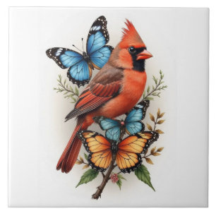 Azulejo cardenal rojo y mariposas