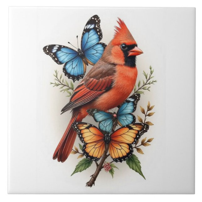 Azulejo cardenal rojo y mariposas (Frente)