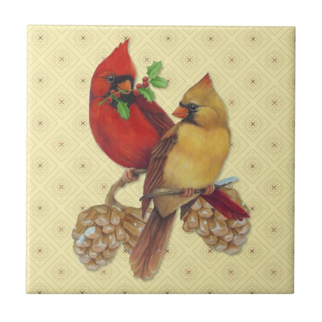 Azulejo Cardenales de invierno Pine y Holly (Frente)