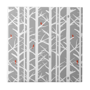 Azulejo Cardenales en los árboles bircos en gris claro