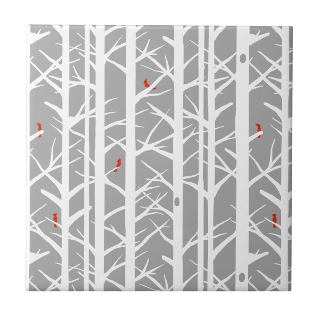 Azulejo Cardenales en los árboles bircos en gris claro (Frente)