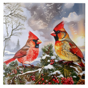 Azulejo Cardenales rojos con paisaje de invierno de Berrie