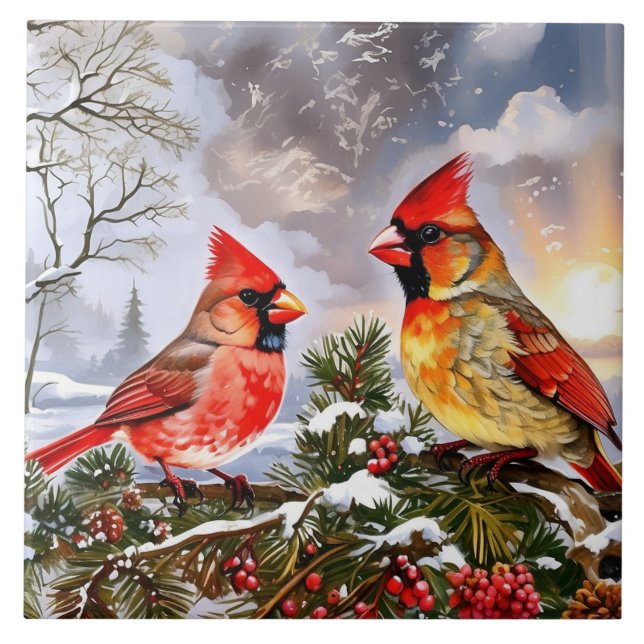 Azulejo Cardenales rojos con paisaje de invierno de Berrie (Frente)