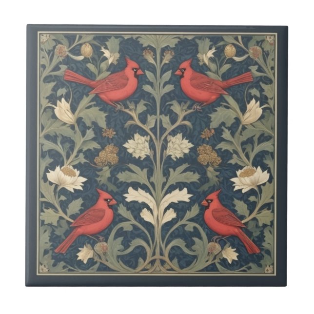 Azulejo Cardenales rojos estilo de William Morris (Frente)