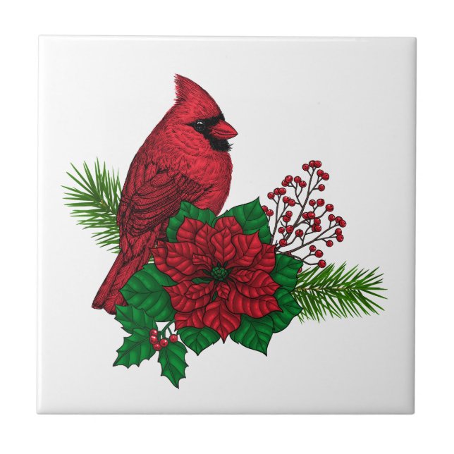Azulejo Cardenales rojos sobre decoración de Navidades (Frente)