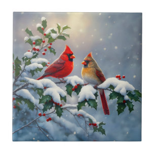 Azulejo Cardenales rojos y acebo en la nieve