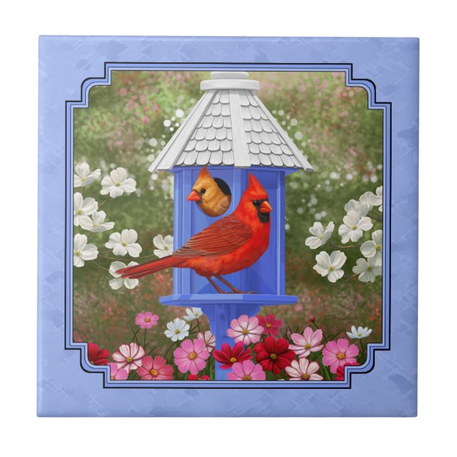 Azulejo Cardenales y azul de la casa de aves redonda (Frente)