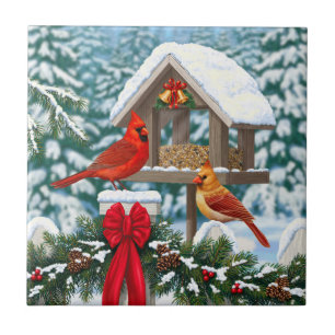 Azulejo Cardenales y Comedero de Pájaros de Navidad