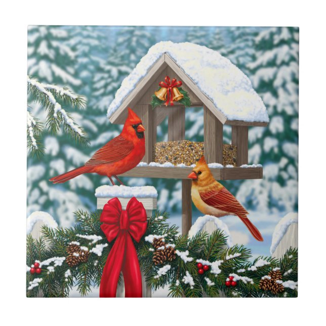 Azulejo Cardenales y Navidades Alimentador de aves (Frente)
