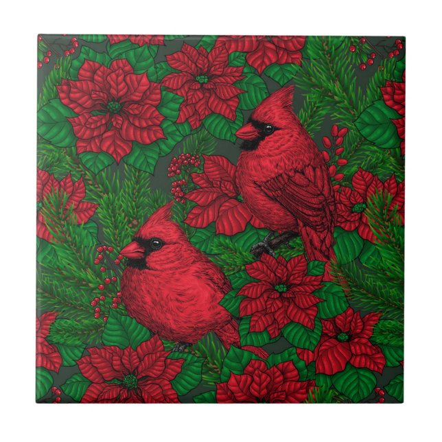 Azulejo Cardenales y poinsettia para Navidades (Frente)