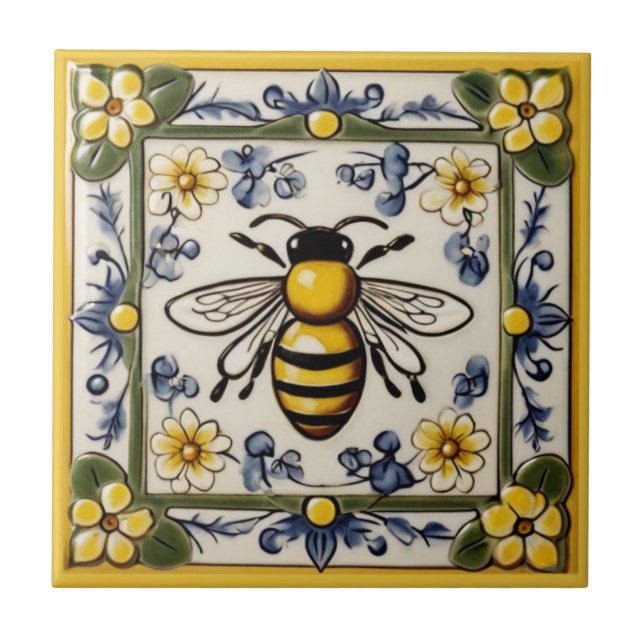 Azulejo Cariño dulce Abeja Azul Amarillo y Verde Mediterrá (Frente)