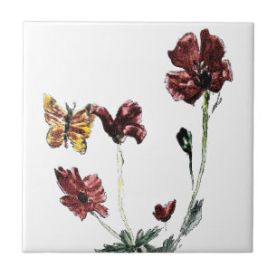 Azulejo Carne de mariposa, adormidera, naturaleza del arte