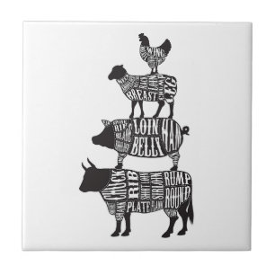 Azulejo carniceros cortan pollo de cordero de vaca, barbac