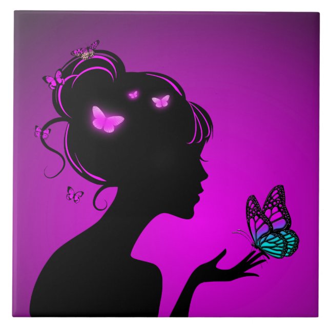 Azulejo Carreau La femme papillons violets (Frente)
