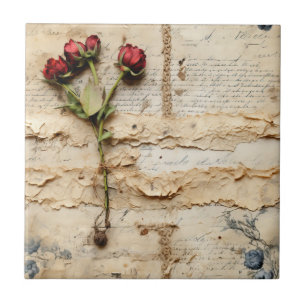 Azulejo Carta de amor de pergamino vintage con flores (2)
