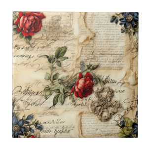 Azulejo Carta de amor en pergamino vintage con flores