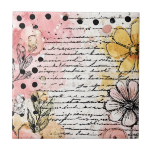 Azulejo Carta floral vintage con flores rosadas y amarilla