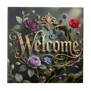 Azulejo Cartel de bienvenida dorado floral antiguo