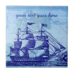Azulejo Casa azul vieja de la nave y de playa del mapa<br><div class="desc">Personalice esta antigüedad-mirada náutico - diseño temático con cualquier palabra que usted quisiera. Esta suposición, diseño del vintage muestra un velero azul abigarrado/la nave alta con tres palos, banderas de un par (un americano) y una imagen antigua débil, apenada detrás de ella, un collage del mapa hecho en sombras del...</div>