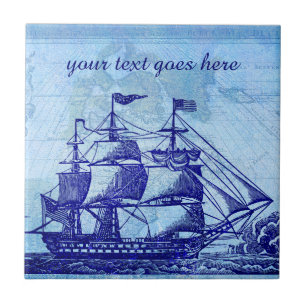 Azulejo Casa azul vieja de la nave y de playa del mapa