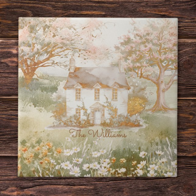 Azulejo Casa de época en la pradera verde del arte de Cott (Close up photo on wood)