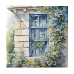 Azulejo Casa de piedra con ventana azul y enredaderas