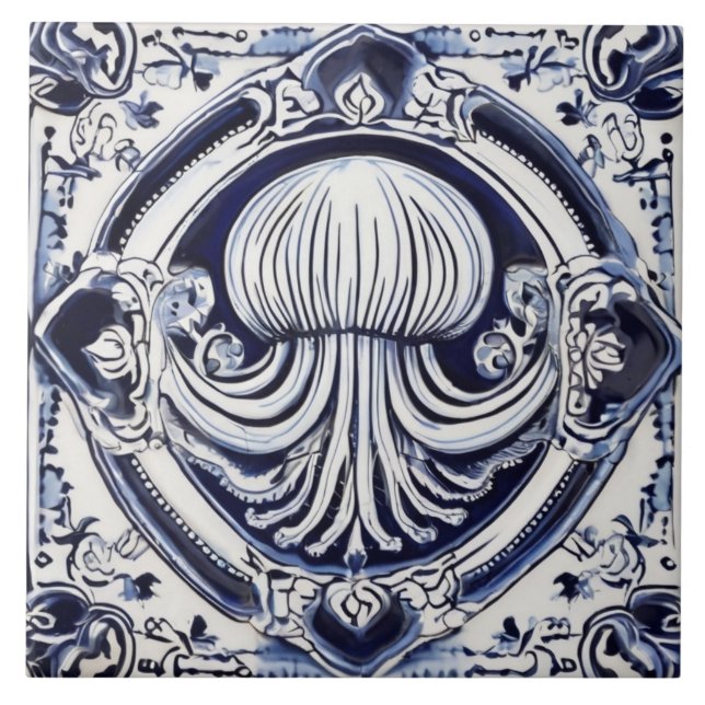 Azulejo Casa de playa Jellyfish Blue and White Sea Life (Frente)