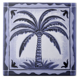 Azulejo Casa de playa tropical azul y blanca con palmeras