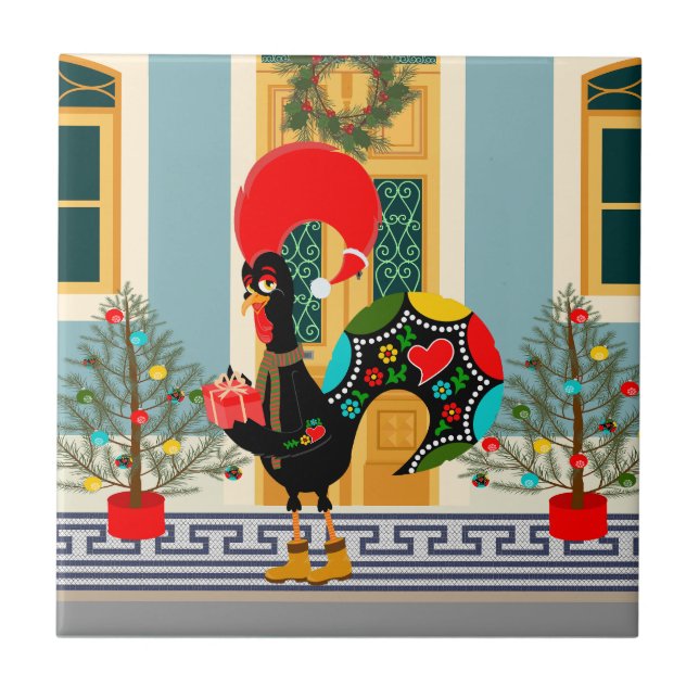 Azulejo Casa decorada con Rooster por Navidades portuguese (Frente)