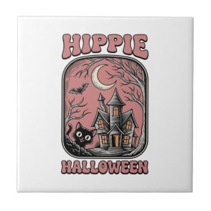 Azulejo Casa embrujada de gato de Halloween Hippie Diseño 