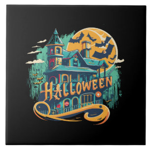 Azulejo casa vintage de halloween con fantasma