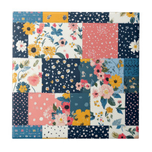 Azulejo Casita floral rosa marino de patchwork