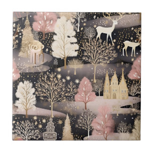 Azulejo Castillo de Fantasía Paisaje Ciervo Invernal Rosa 