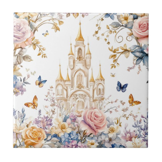 Azulejo Castillo Encantado en Flor Pastel Cuento de Hadas (Frente)