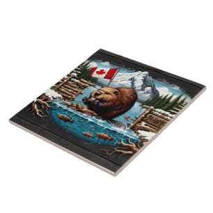 Azulejo Castor canadiense, bandera, montaña, océano