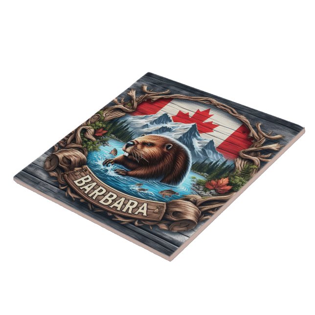 Azulejo Castor canadiense cerca de montañas y hojas de arc (Lado)