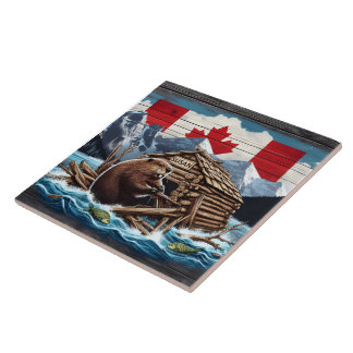 Azulejo castor canadiense con bandera y refugio en la natu