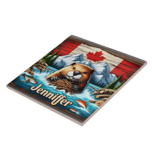 Azulejo castor canadiense construye una represa en un arro