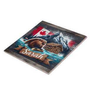 Azulejo Castor canadiense en el agua con troncos cerca de