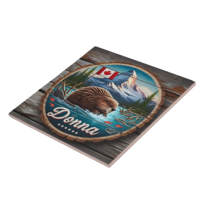 Azulejo Castor canadiense en estanque forestal con montaña (Lado)