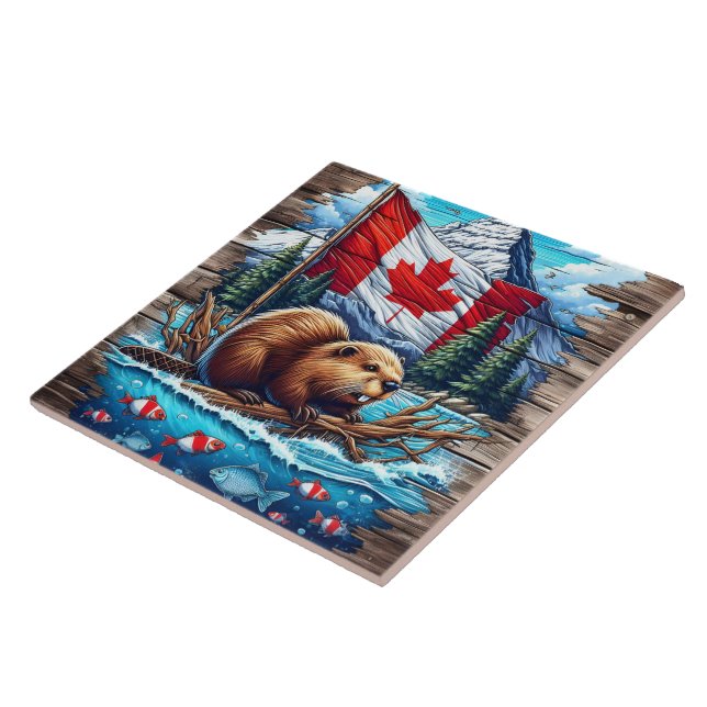 Azulejo Castor canadiense en lago con bandera canadiense (Lado)