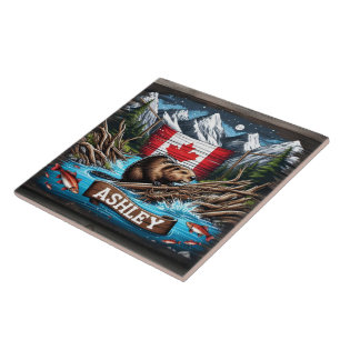 Azulejo castor por montaña y océano